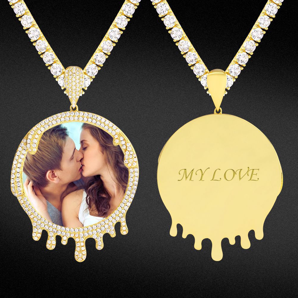 Diy Photo Round Frame Pendant Necklace Solid Color Water Drop Pendant Copper Set Zirconium Hip Hop Jewelry