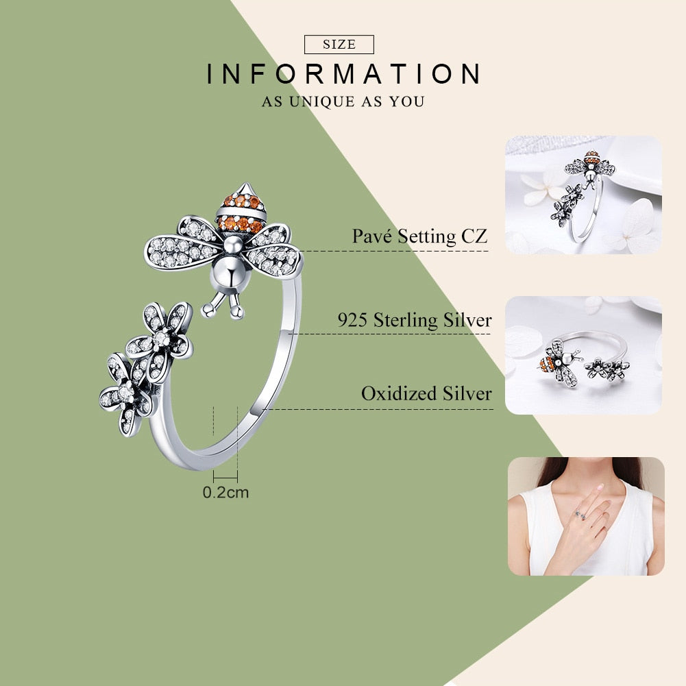 100% 925 Sterling Silver Trendy Bee & Daisy Flower Finger Rings for Women Adjustable Size