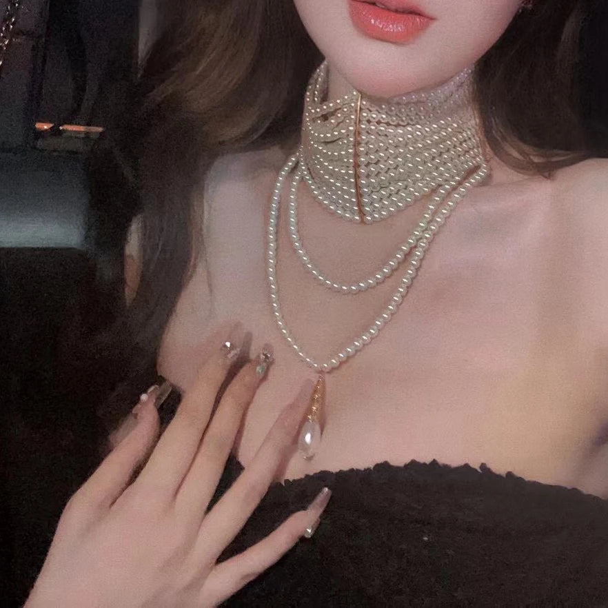 Accessory Multi layer Pearl Pendant Exaggerated Necklace