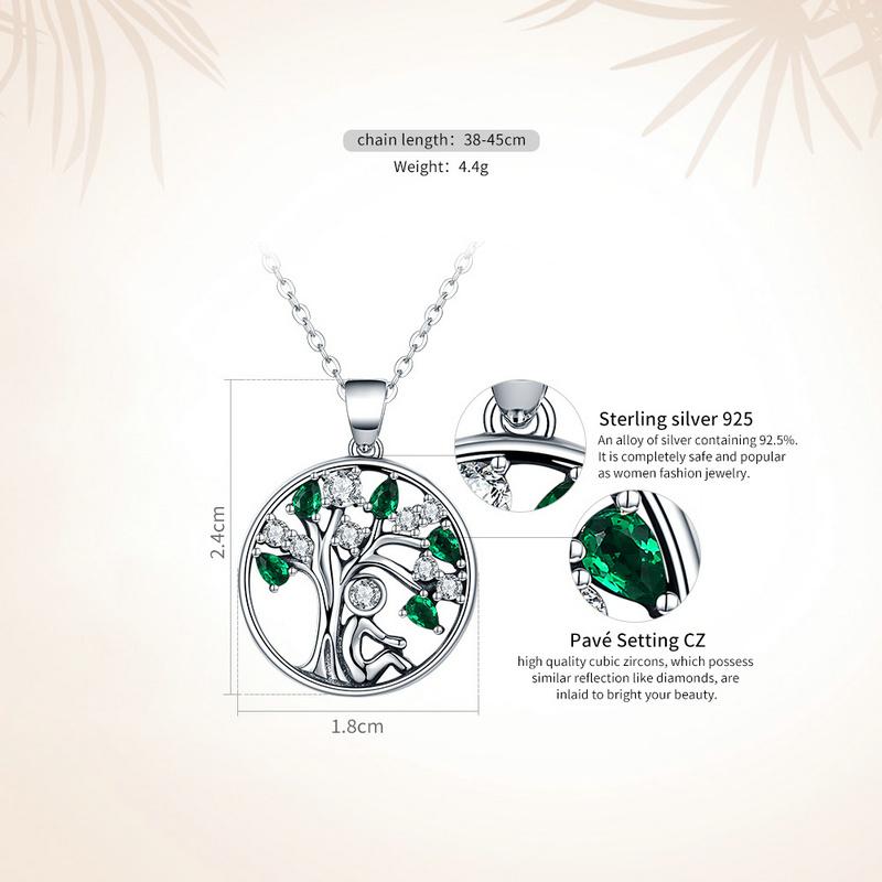 BAMOER 925 Sterling Silver Rely Tree of Life Pendant Necklaces Clear Green CZ SCN094