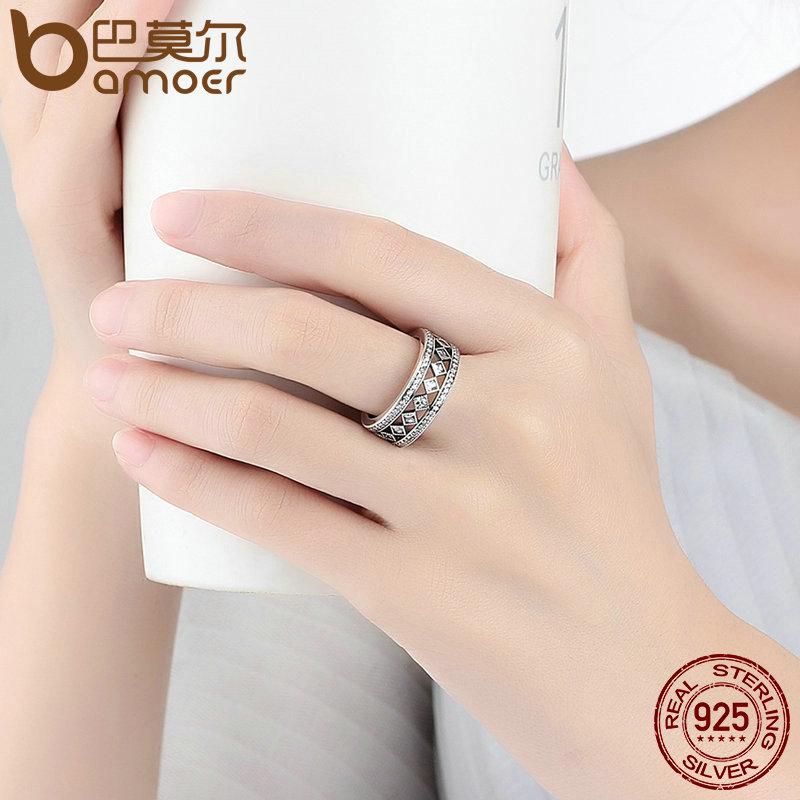 BAMOER 925 Sterling Silver Square Vintage Fascination, Clear CZ Big Ring PA7601