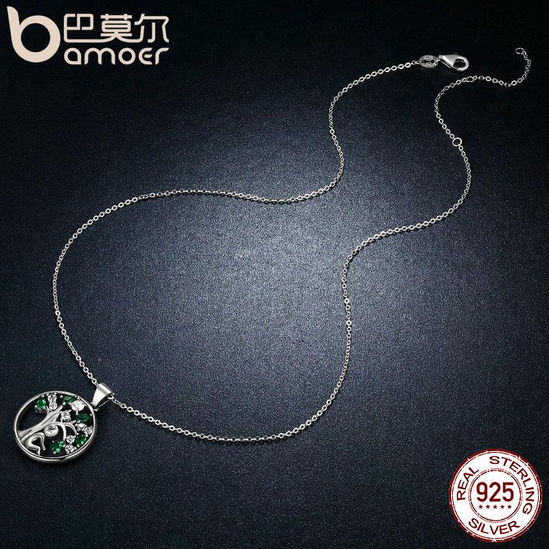 BAMOER 925 Sterling Silver Rely Tree of Life Pendant Necklaces Clear Green CZ SCN094
