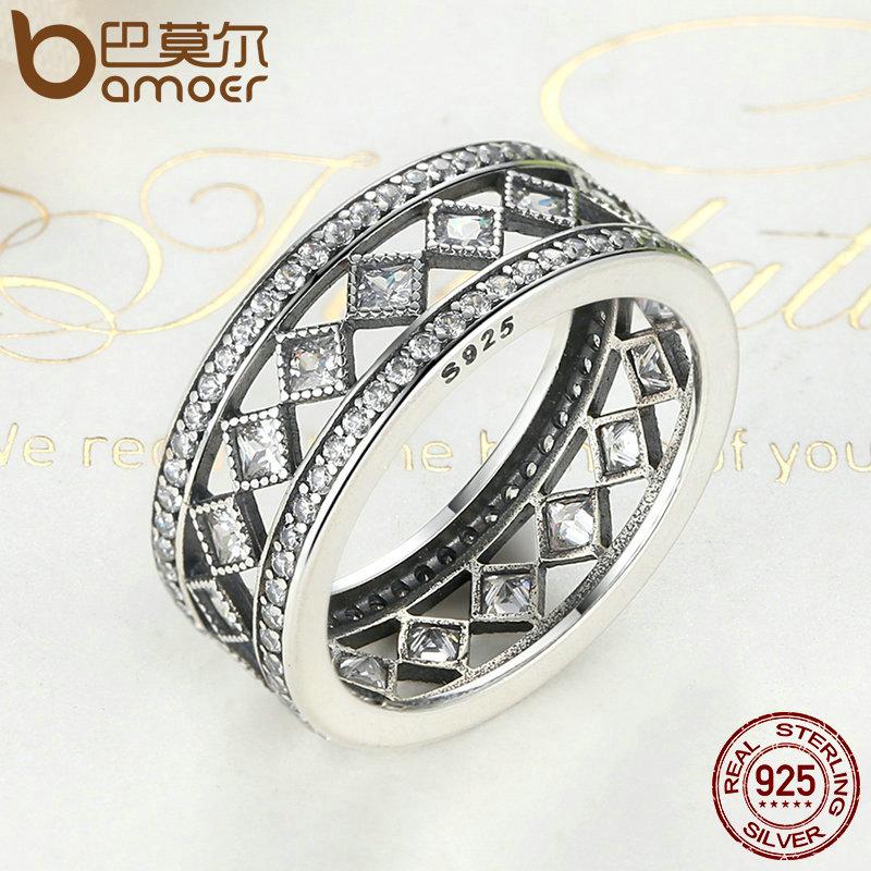 BAMOER 925 Sterling Silver Square Vintage Fascination, Clear CZ Big Ring PA7601