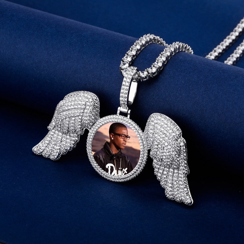 Angel Wings Large DIY Photo Frame Pendant Full Zircon Jewelry Hip Hop Necklace Gold Australia Accessories