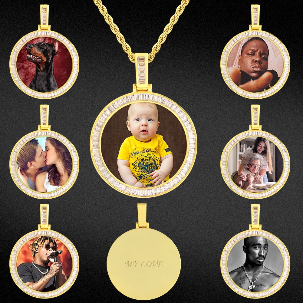 Diy Photo Round Frame Pendant Necklace Solid Color Water Drop Pendant Copper Set Zirconium Hip Hop Jewelry