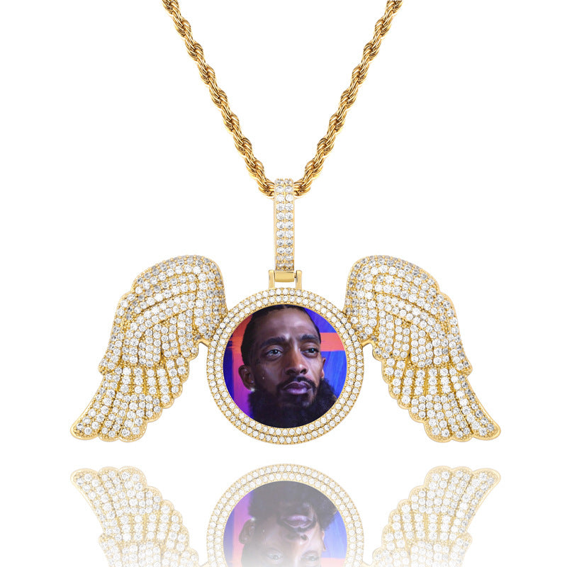 Angel Wings Large DIY Photo Frame Pendant Full Zircon Jewelry Hip Hop Necklace Gold Australia Accessories