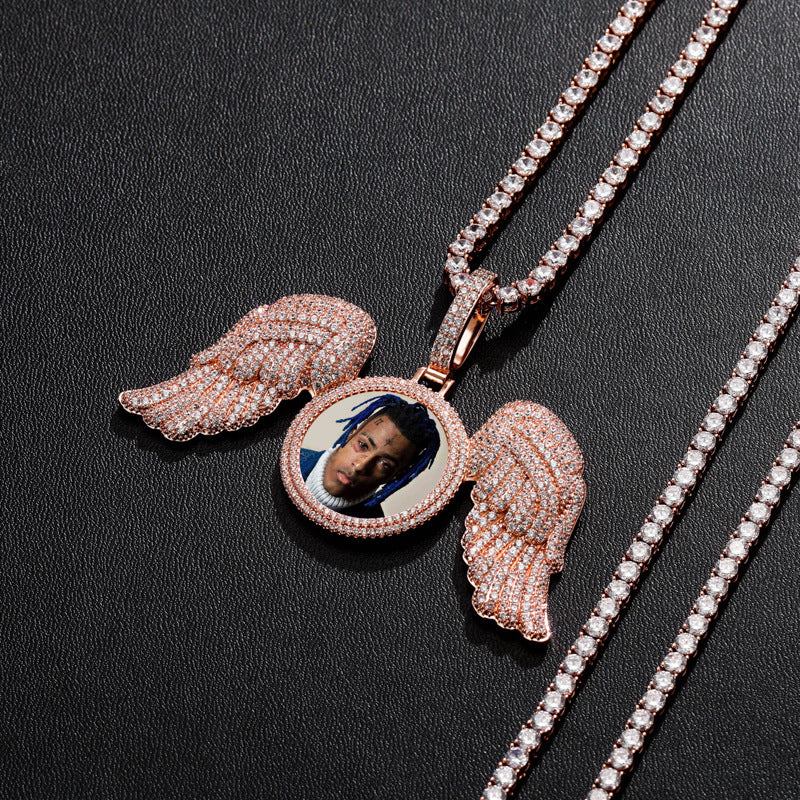 Angel Wings Large DIY Photo Frame Pendant Full Zircon Jewelry Hip Hop Necklace Gold Australia Accessories