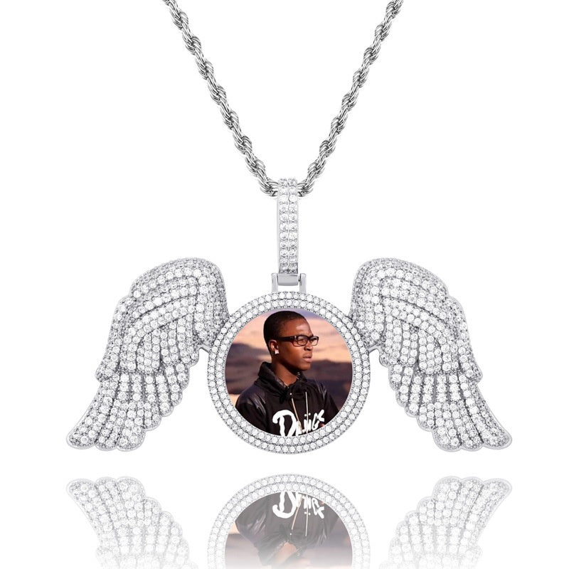 Angel Wings Large DIY Photo Frame Pendant Full Zircon Jewelry Hip Hop Necklace Gold Australia Accessories
