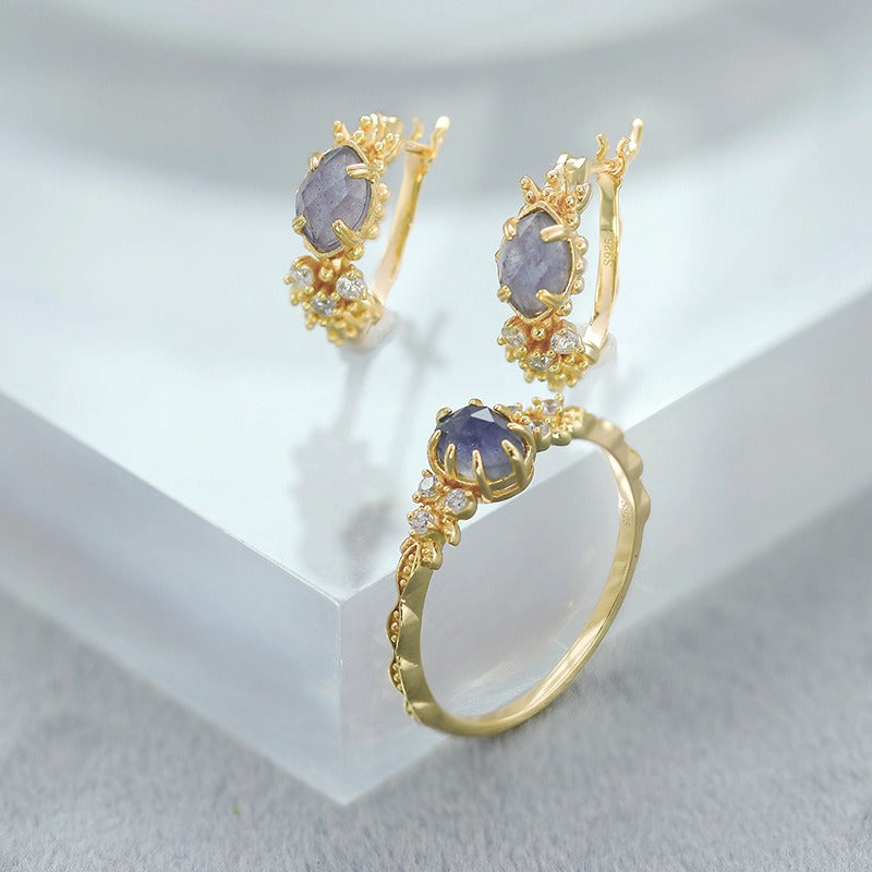 Japanese Winter New Gentle Style Sterling Silver Ring Women's Natural Cordierite Feldspar Hand Jewelry Set