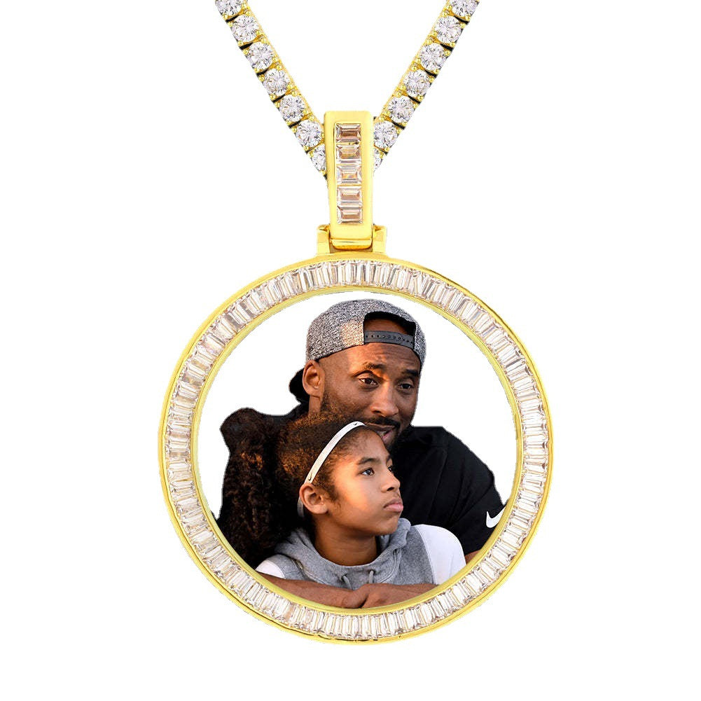 Diy Photo Round Frame Pendant Necklace Solid Color Water Drop Pendant Copper Set Zirconium Hip Hop Jewelry
