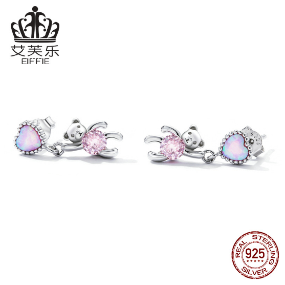 Avele Sterling Silver Love Bear Earrings S925 Pink Zircon Heart-Shaped Opal Animal Earrings