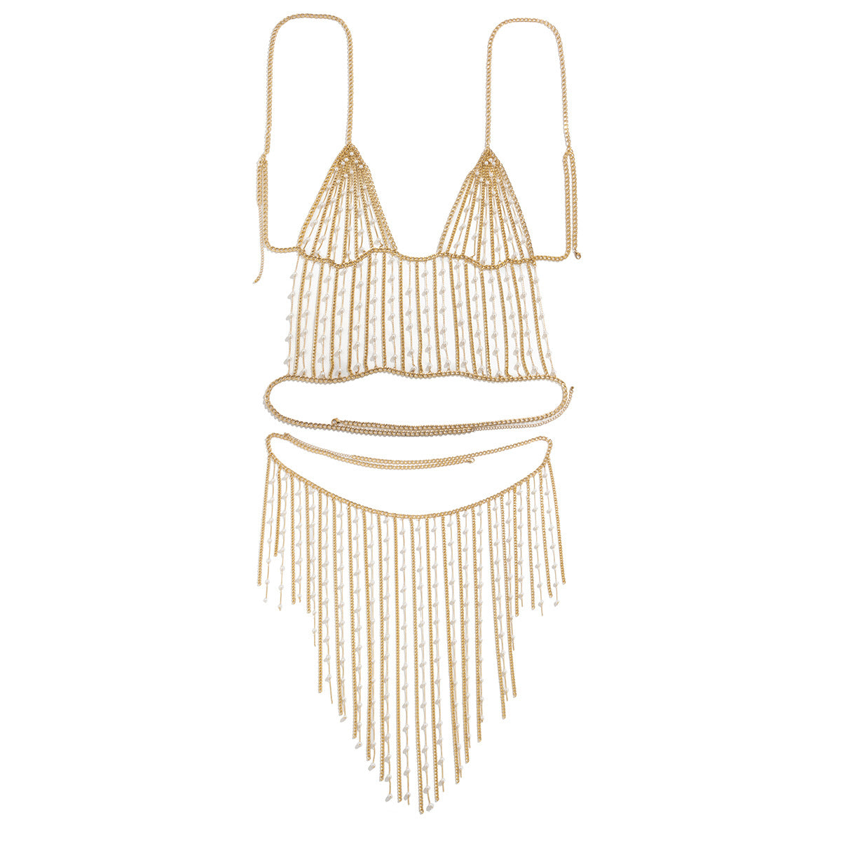 Fashionable electroplated metal aluminum chain geometric set clothing with simple tassel imitation pearl waist chain