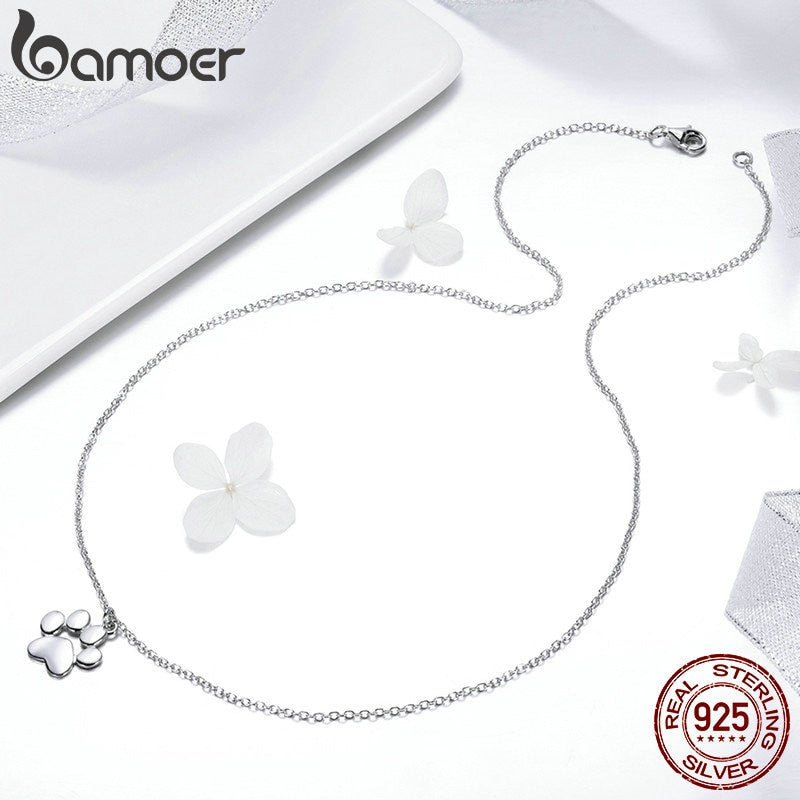 BAMOER Genuine 925 Sterling Silver Cute Animal Footprints Dog Cat Footprints Paw Necklaces Pendants Women Silver Jewelry SCN275