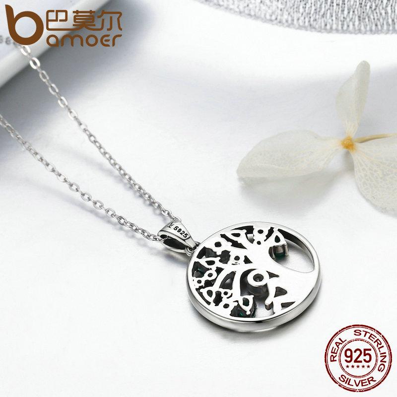 BAMOER 925 Sterling Silver Rely Tree of Life Pendant Necklaces Clear Green CZ SCN094