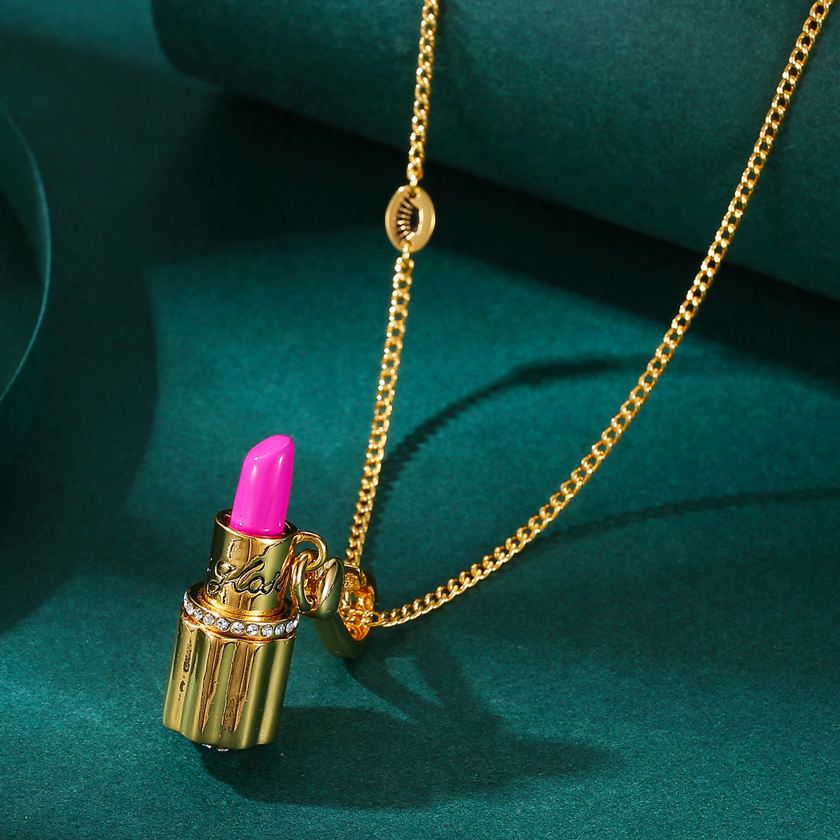 Enamel glazed diamond studded metal letters Barbie pink lipstick rotatable pendant necklace