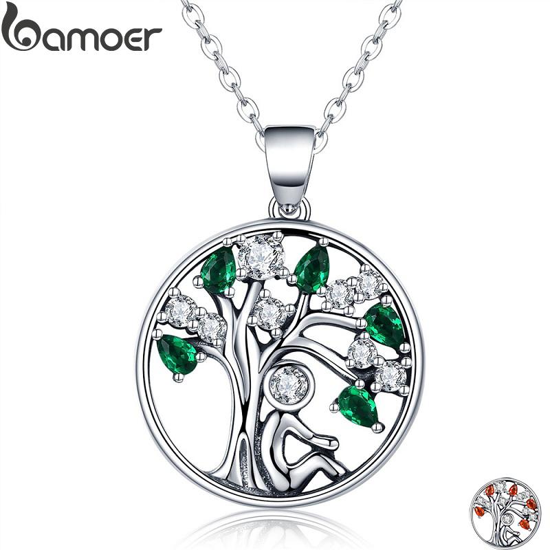 BAMOER 925 Sterling Silver Rely Tree of Life Pendant Necklaces Clear Green CZ SCN094