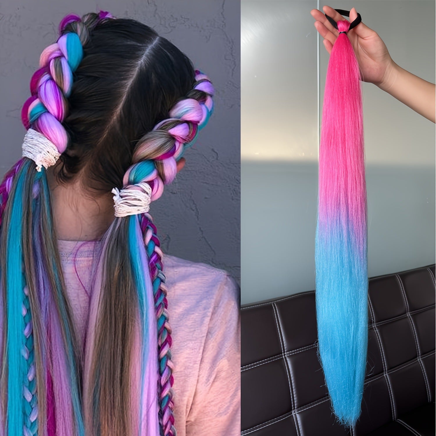 2-piece set of girls' rubber band ponytail wig boxing braid colorful elastic rope braid ponytail wig hair extensions