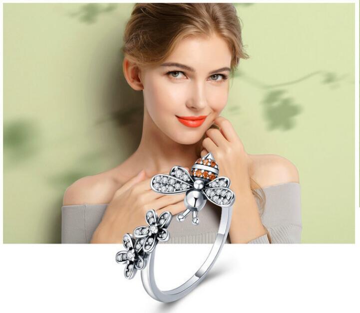 100% 925 Sterling Silver Trendy Bee & Daisy Flower Finger Rings for Women Adjustable Size